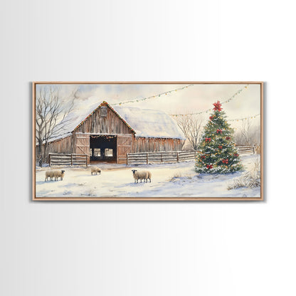 Christmas Barn Snow Sheep Canvas Print Christmas Farmhouse Decor Rustic Christmas Wall Art Framed Canvas Print Christmas Outdoor Decor