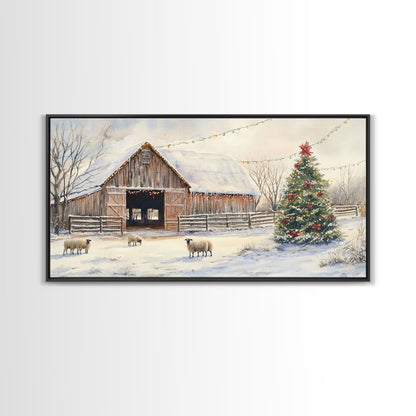 Christmas Barn Snow Sheep Canvas Print Christmas Farmhouse Decor Rustic Christmas Wall Art Framed Canvas Print Christmas Outdoor Decor