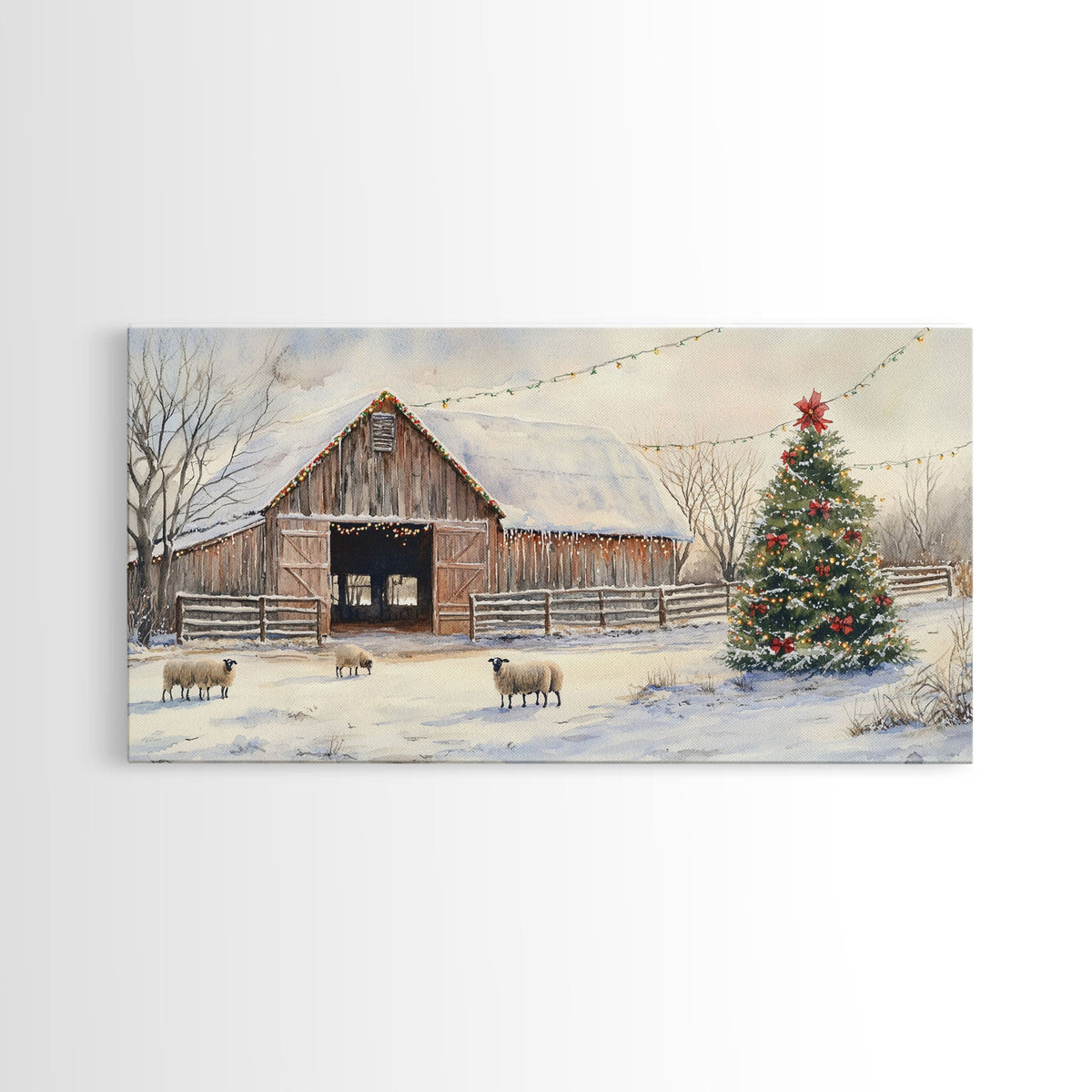 Christmas Barn Snow Sheep Canvas Print Christmas Farmhouse Decor Rustic Christmas Wall Art Framed Canvas Print Christmas Outdoor Decor