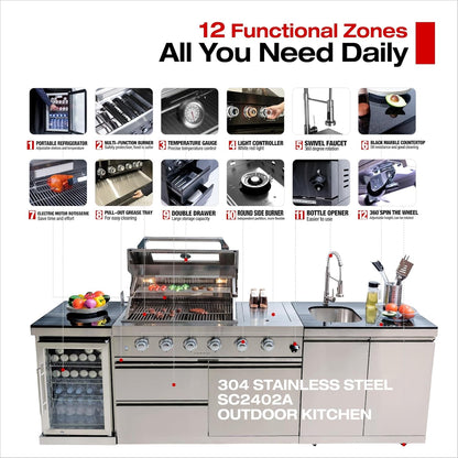 BBQ Island Outdoor Kitchen Kits, 4-Burner 72000 BTU Stainless Steel Modular 98 Inch Natural Gas Outdoor Kitchen Bar Barbecue Island Grill with Refrigerator and Sink for Patio Backyard