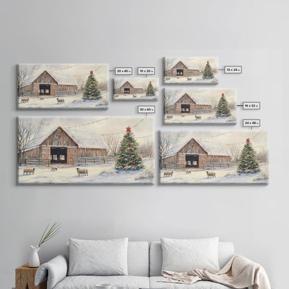Christmas Barn Snow Sheep Canvas Print Christmas Farmhouse Decor Rustic Christmas Wall Art Framed Canvas Print Christmas Outdoor Decor