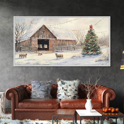 Christmas Barn Snow Sheep Canvas Print Christmas Farmhouse Decor Rustic Christmas Wall Art Framed Canvas Print Christmas Outdoor Decor