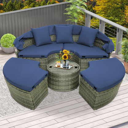 Outdoor PE Wicker Round Daybed with Retractable Canopy and Cushions-Navy
