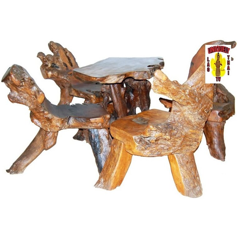 Root Teak Patio Set, Hand-Carved Table with Four Seats, Five Pieces