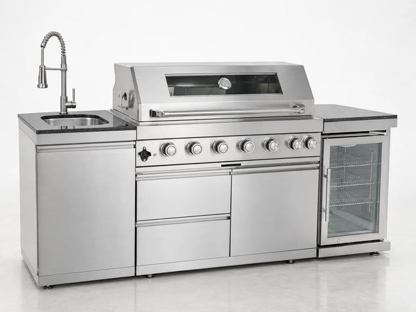 Outdoor Kitchen Island 85" 6-Burner 85000 BTU Deluxe Modular BBQ Island - Grill Islands W/Wine Cooler, Built in Combo outside Island + Rotisserie & Granite Top Outdoor Grill — Studio Shot