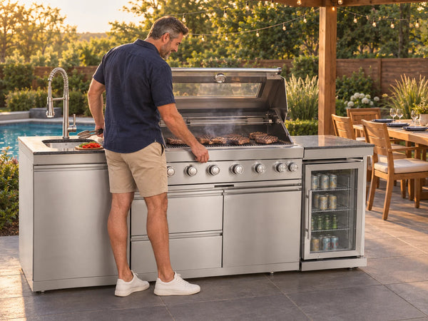 Outdoor Kitchen Island Designed for Large-Scale Entertaining, 6-Burner 85000 BTU, Wine Cooler, Granite Top